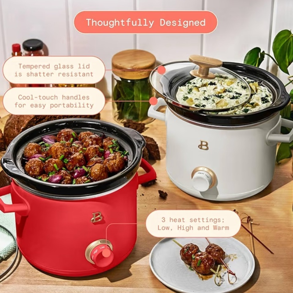 Beautiful by Drew Barrymore 2 Qt Manual Slow Cooker, 2-Pack, Red + Taupe NWT
